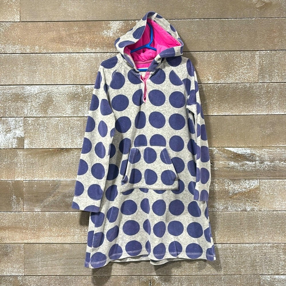 Mini Boden velour grey and purplish blue polka dots hooded dress size 9-10